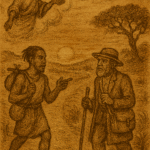 Sepia-toned illustration of two travelers walking a dusty path at sunset, with a divine figure hovering in the clouds above. The background features rolling hills, a gnarled tree, and parchment-style texture. The only text is “OldFolktales.com” in the top right corner.