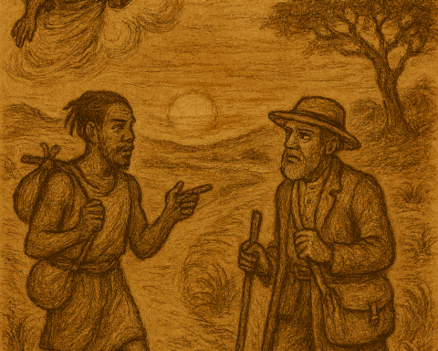 Sepia-toned illustration of two travelers walking a dusty path at sunset, with a divine figure hovering in the clouds above. The background features rolling hills, a gnarled tree, and parchment-style texture. The only text is “OldFolktales.com” in the top right corner.