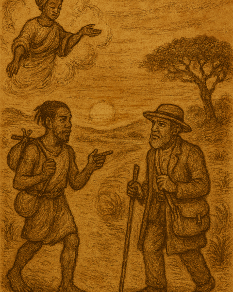 Sepia-toned illustration of two travelers walking a dusty path at sunset, with a divine figure hovering in the clouds above. The background features rolling hills, a gnarled tree, and parchment-style texture. The only text is “OldFolktales.com” in the top right corner.