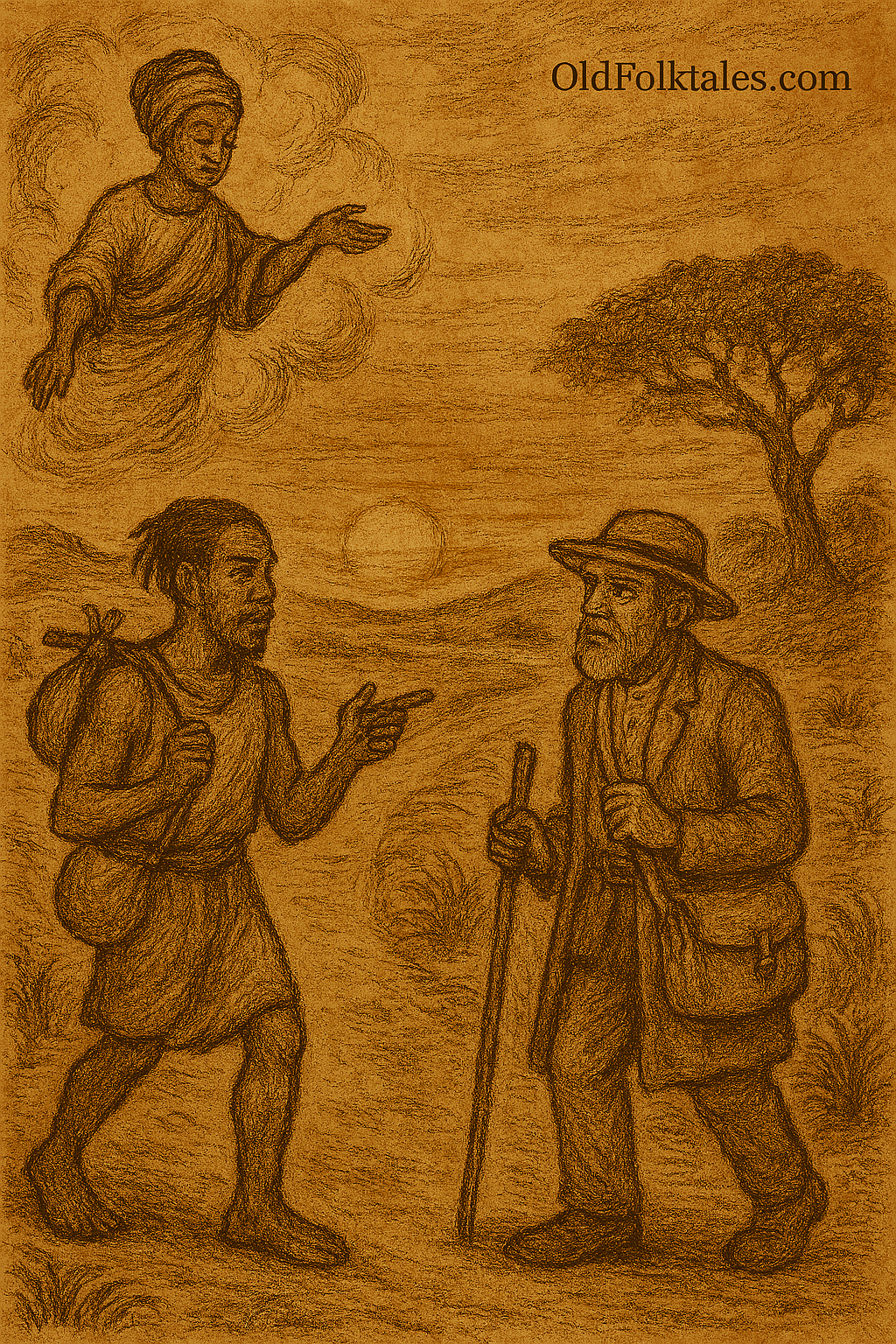 Sepia-toned illustration of two travelers walking a dusty path at sunset, with a divine figure hovering in the clouds above. The background features rolling hills, a gnarled tree, and parchment-style texture. The only text is “OldFolktales.com” in the top right corner.