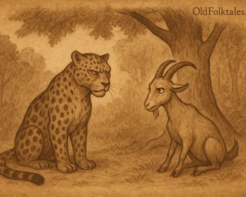 A leopard and a goat sit together under a tree with growing tension, set against a forest backdrop – Igbo folktales