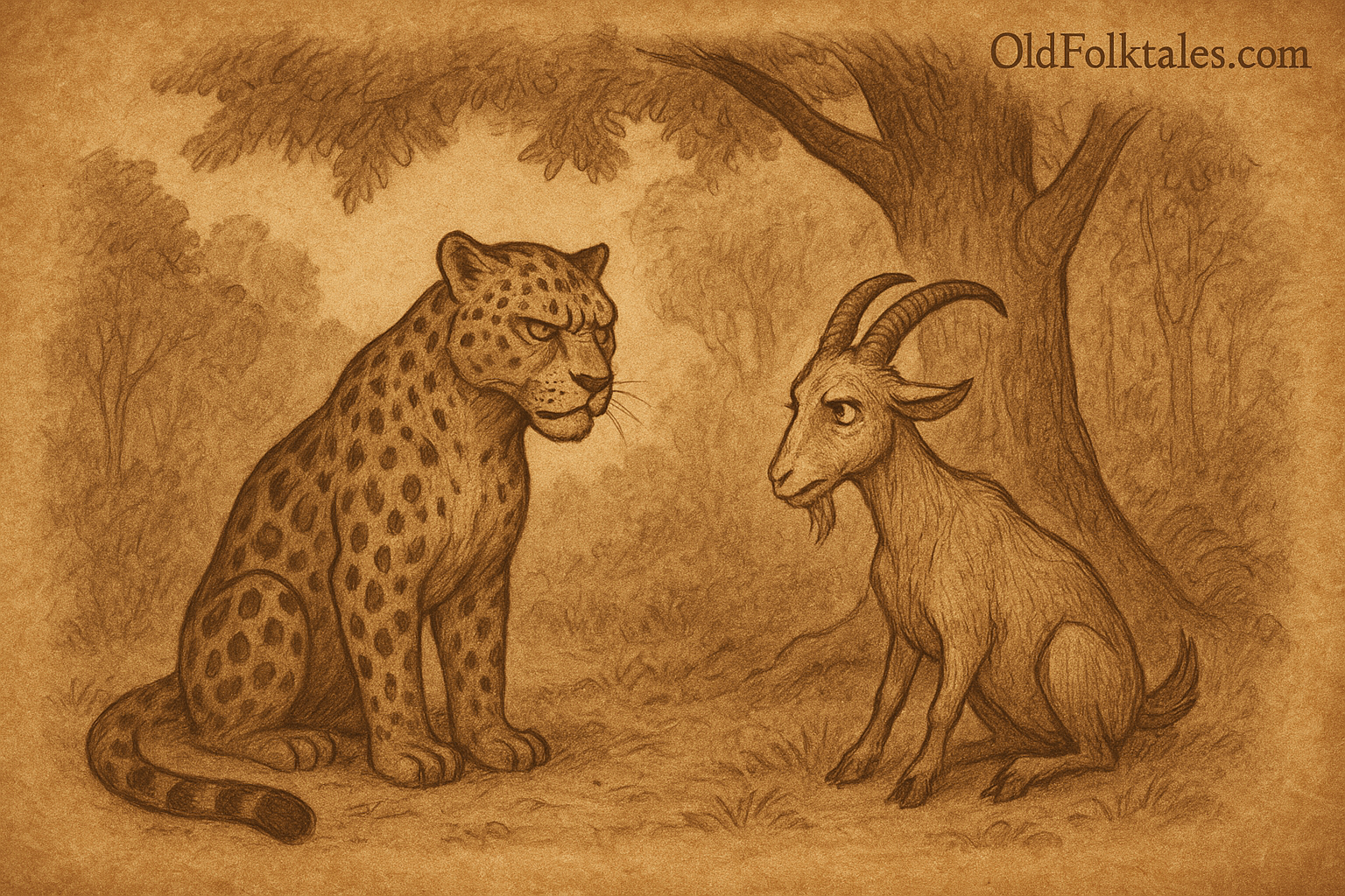 A leopard and a goat sit together under a tree with growing tension, set against a forest backdrop – Igbo folktales