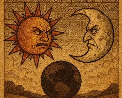 Sun and Moon facing each other in the sky after their quarrel in an Igbo folktale