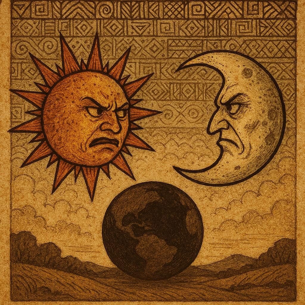 Sun and Moon facing each other in the sky after their quarrel in an Igbo folktale