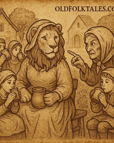 A lion disguised as a woman sitting among villagers, with an old wise woman pointing in suspicion, Western African folktale.