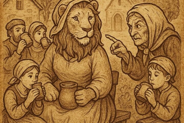 A lion disguised as a woman sitting among villagers, with an old wise woman pointing in suspicion, Western African folktale.