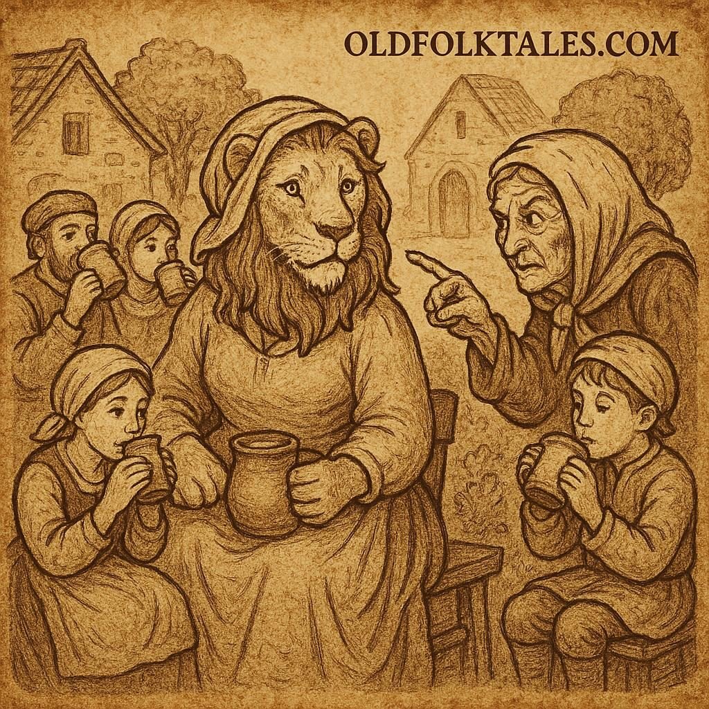 A lion disguised as a woman sitting among villagers, with an old wise woman pointing in suspicion, Western African folktale.