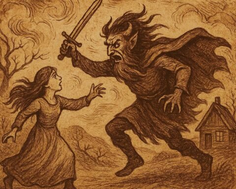 The people of Insofan fleeing from their mountain home while cannibals attack, with the Cross River in the distance – Ikom Folktale