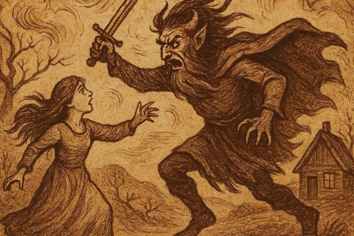 The people of Insofan fleeing from their mountain home while cannibals attack, with the Cross River in the distance – Ikom Folktale