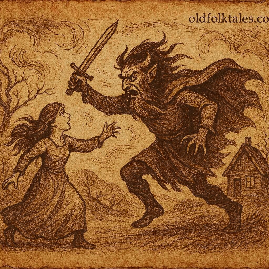 The people of Insofan fleeing from their mountain home while cannibals attack, with the Cross River in the distance – Ikom Folktale