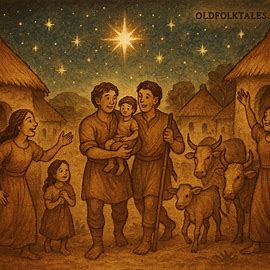 Art of the brothers Deng returning home with cattle and rescued children, welcomed by their wives in an ancient African folktale.