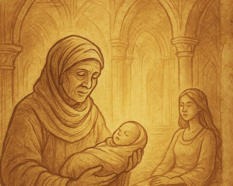 Fatou the midwife holding a newborn in a glowing palace -Wolof folktale.