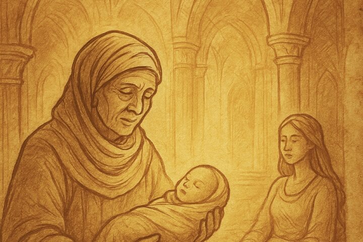 Fatou the midwife holding a newborn in a glowing palace -Wolof folktale.
