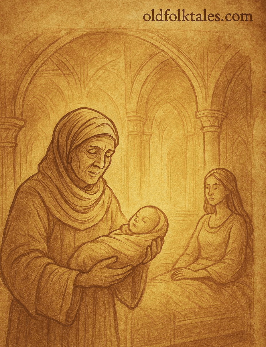 Fatou the midwife holding a newborn in a glowing palace -Wolof folktale.