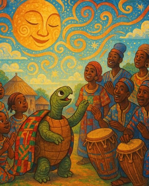 Illustration of a clever tortoise in an Akan folktale from Ghana, wearing kente cloth and tricking the sky of Tamale, with villagers and children watching in wonder.