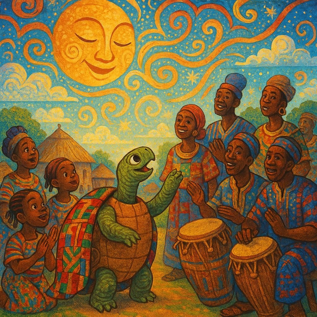 E69C97E7-0D13-494B-BD48-87F77BE6555C | FolktalesAfrica.com Illustration of a clever tortoise in an Akan folktale from Ghana, wearing kente cloth and tricking the sky of Tamale, with villagers and children watching in wonder.