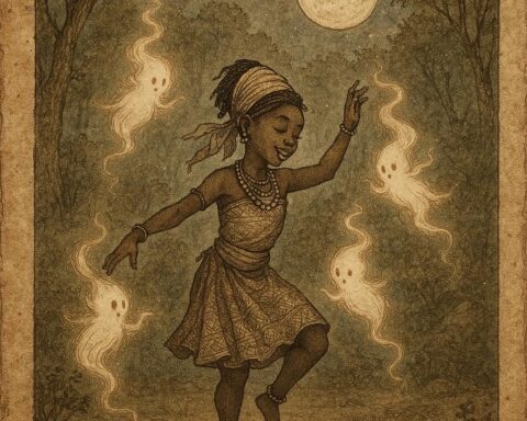 A young Igbo girl named Adaeze dances gracefully in a glowing spirit world, surrounded by radiant spirits wearing masks of light.