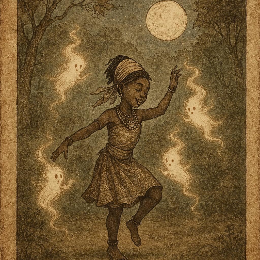 A young Igbo girl named Adaeze dances gracefully in a glowing spirit world, surrounded by radiant spirits wearing masks of light.