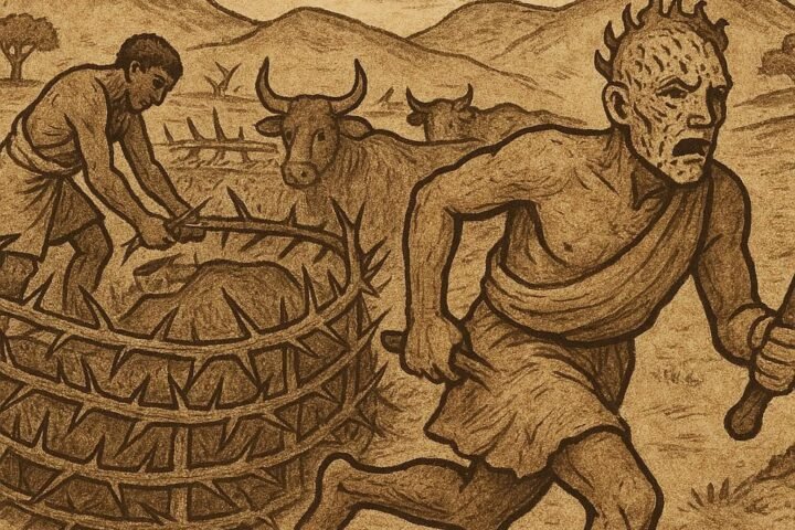 A man builds a cattle kraal while another flees burned toward the hills, origin of Hottentots and Bushmen.