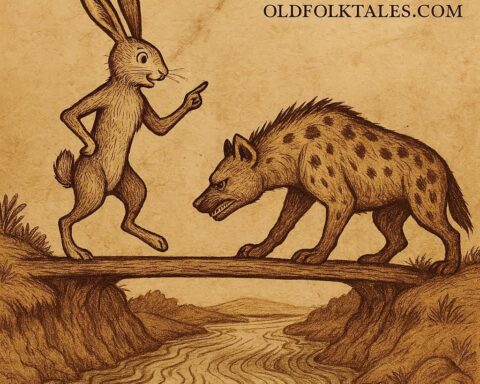 Hare tricking a hyena on a narrow bridge over a river – Wolof folktale