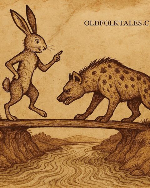 Hare tricking a hyena on a narrow bridge over a river – Wolof folktale
