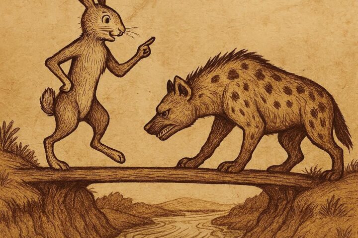 Hare tricking a hyena on a narrow bridge over a river – Wolof folktale