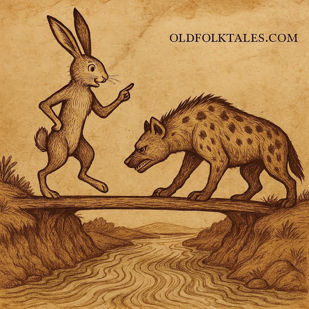 Hare tricking a hyena on a narrow bridge over a river – Wolof folktale
