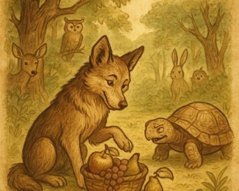 A clever dog selects sweet fruits from a basket while a cunning tortoise watches, attempting to trick him, as other forest animals observe – Igbo folktales