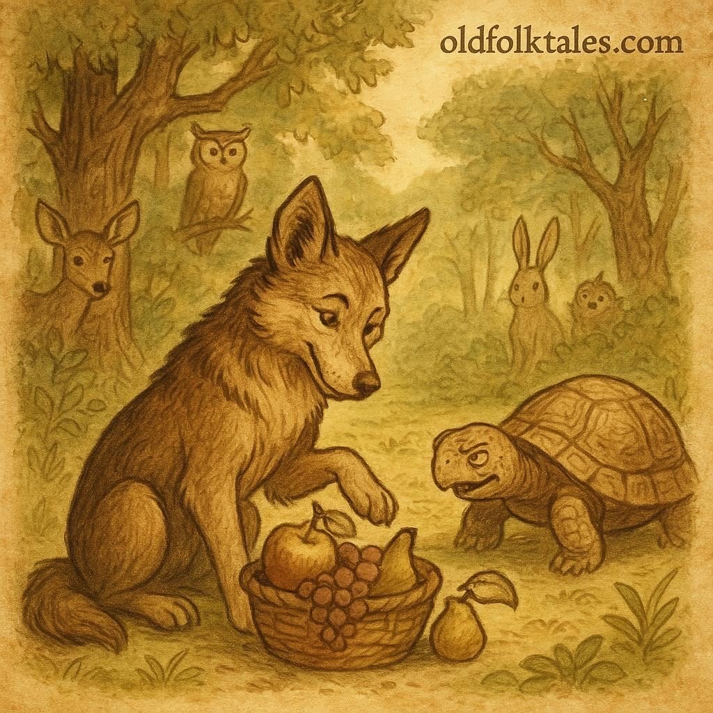 A clever dog selects sweet fruits from a basket while a cunning tortoise watches, attempting to trick him, as other forest animals observe – Igbo folktales