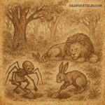 Kwaku Ananse the spider and the hare digging pits in the forest as the lion sleeps nearby – Ashanti folktale