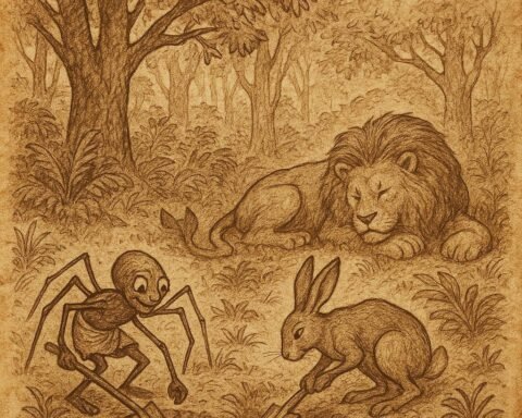 Kwaku Ananse the spider and the hare digging pits in the forest as the lion sleeps nearby – Ashanti folktale