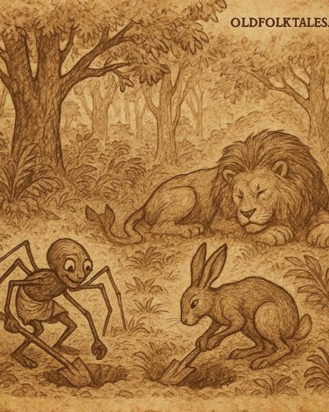 Kwaku Ananse the spider and the hare digging pits in the forest as the lion sleeps nearby – Ashanti folktale