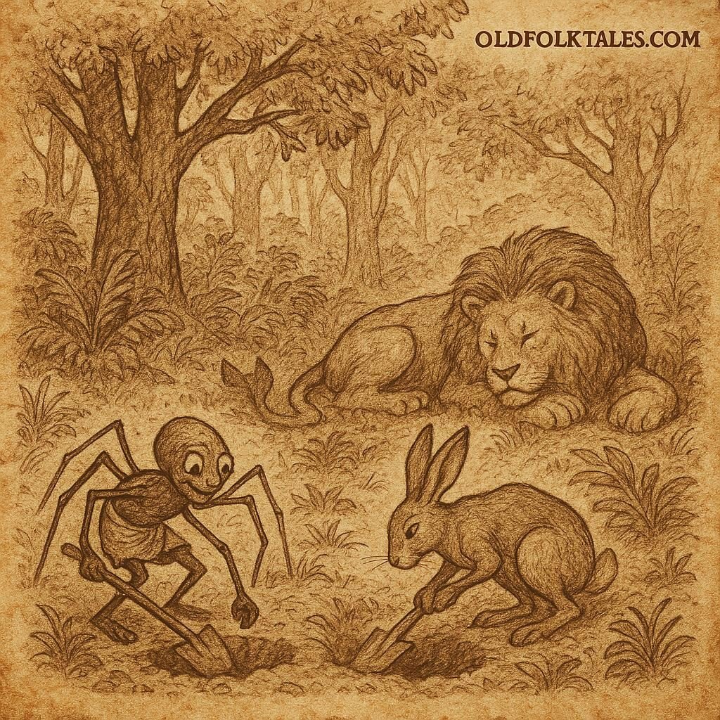 Kwaku Ananse the spider and the hare digging pits in the forest as the lion sleeps nearby – Ashanti folktale