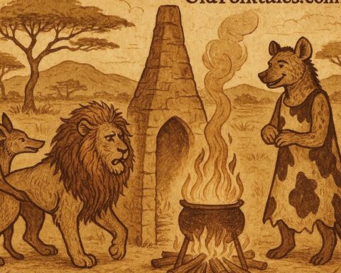Jackal tricks Lion at a wedding feast while Hyena wears a cowhide dress, African folktale from the Khoikhoi tradition