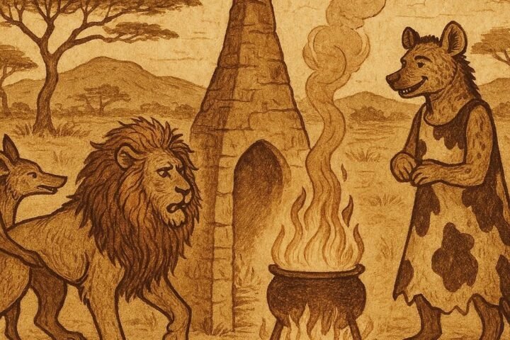 Jackal tricks Lion at a wedding feast while Hyena wears a cowhide dress, African folktale from the Khoikhoi tradition