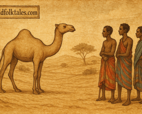 Camel gaining hump in Somali desert with herders watching Somalia folklore