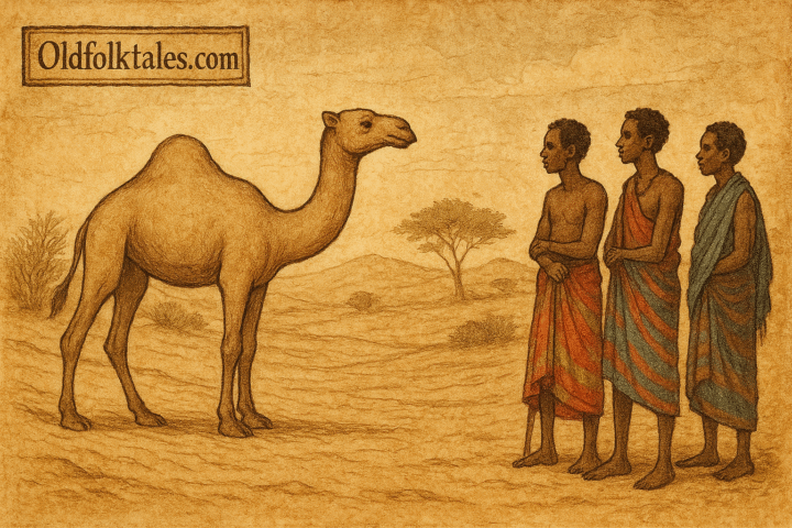 Camel gaining hump in Somali desert with herders watching Somalia folklore