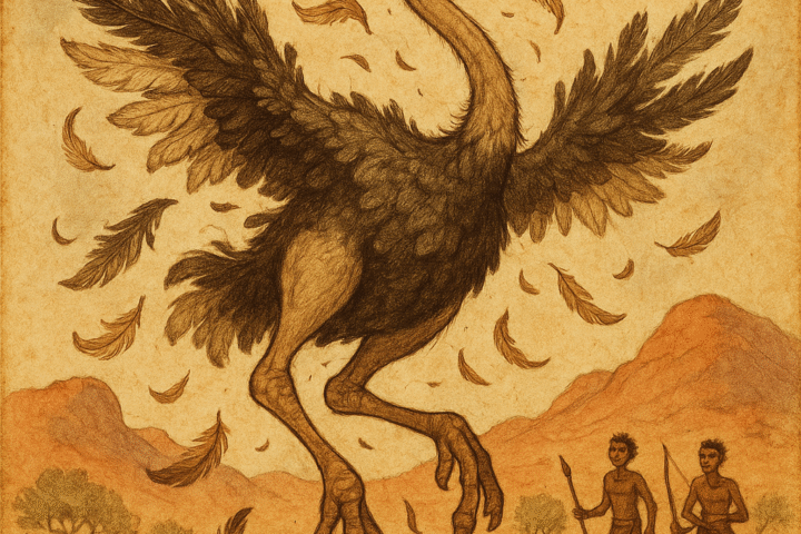 Ostrich losing flight over desert San folklore Namibia