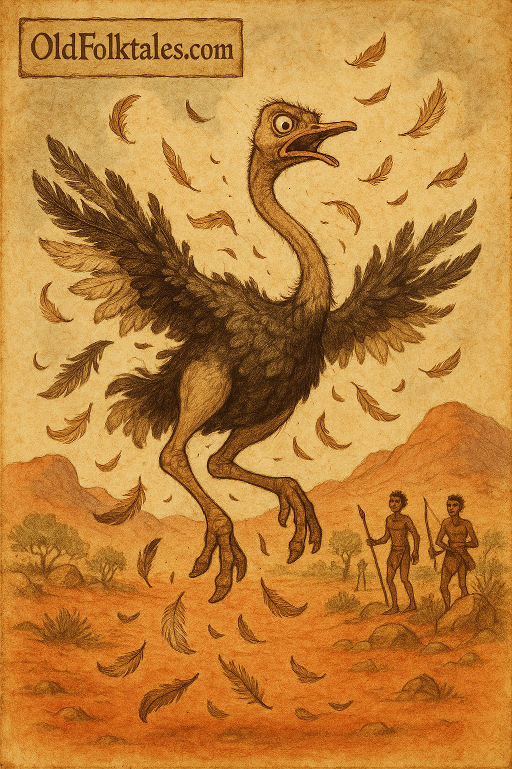 How the Ostrich Lost His Flight - San Folktale | FolktalesAfrica.com Ostrich losing flight over desert San folklore Namibia