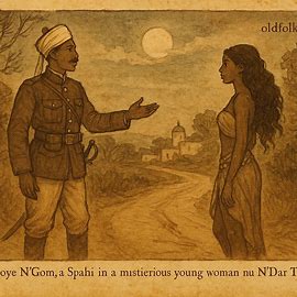Senegalese spahi Mandoye N’Gom meeting a jinn woman under moonlight.