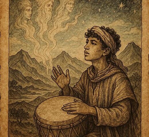 Riffian youth drumming under starlit Rif mountains