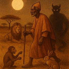 A Senegalese waxambaane in traditional clothing walking under the moonlight with a stick in his hand