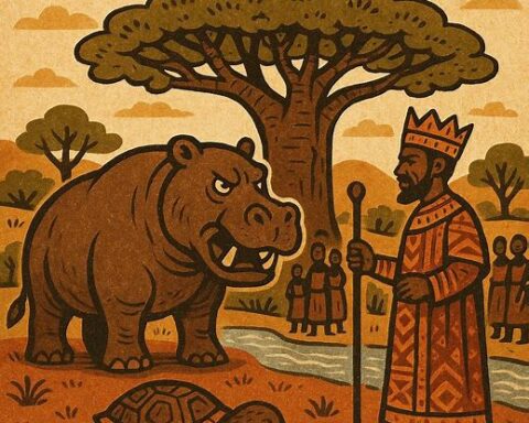 An African folktale scene showing a wise king under a baobab tree, a proud hippopotamus standing on the land, and a humble tortoise confessing. In the background, a river awaits the hippo’s exile.