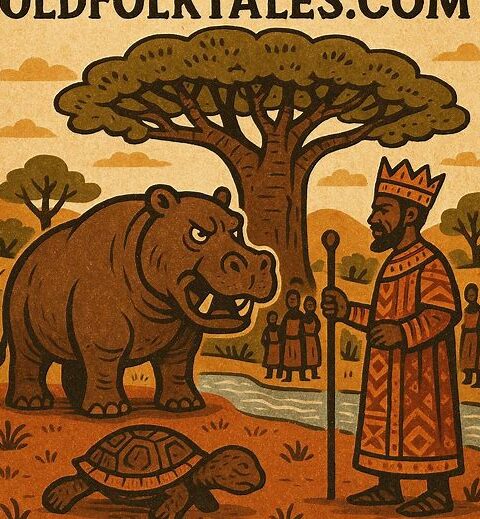 An African folktale scene showing a wise king under a baobab tree, a proud hippopotamus standing on the land, and a humble tortoise confessing. In the background, a river awaits the hippo’s exile.