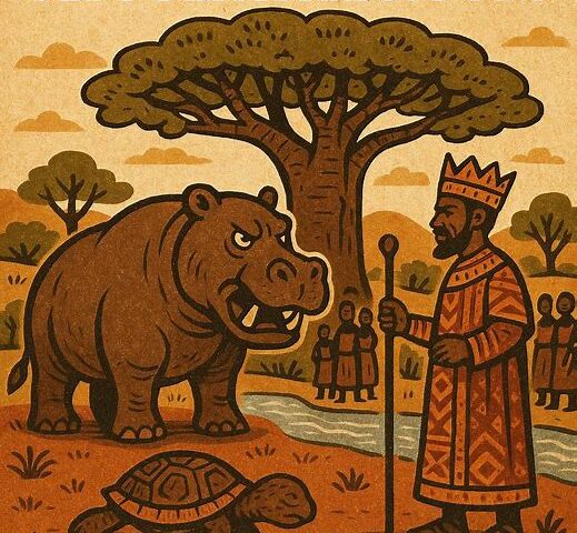 An African folktale scene showing a wise king under a baobab tree, a proud hippopotamus standing on the land, and a humble tortoise confessing. In the background, a river awaits the hippo’s exile.
