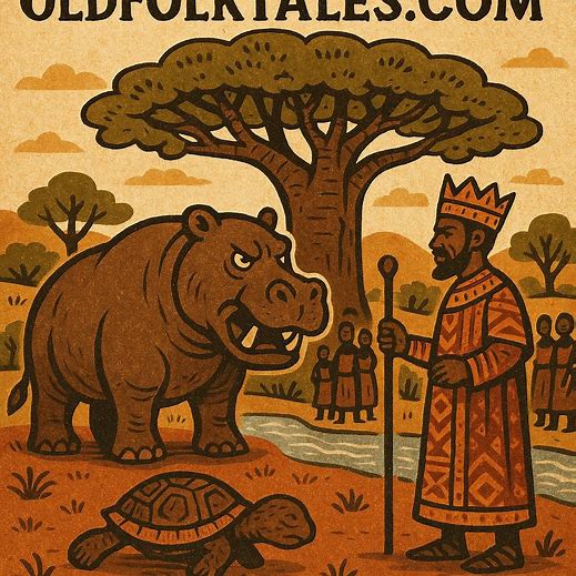 An African folktale scene showing a wise king under a baobab tree, a proud hippopotamus standing on the land, and a humble tortoise confessing. In the background, a river awaits the hippo’s exile.