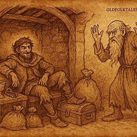 A ragged robber boasting in his hut while an angry old man stands at the door, West African folktale.