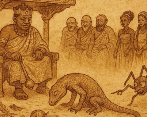 lizard bowing before Ashanti king as Anansi accuses him, Ghana folklore.