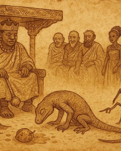 lizard bowing before Ashanti king as Anansi accuses him, Ghana folklore.