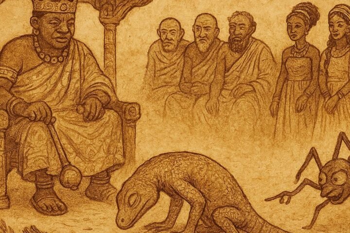 lizard bowing before Ashanti king as Anansi accuses him, Ghana folklore.